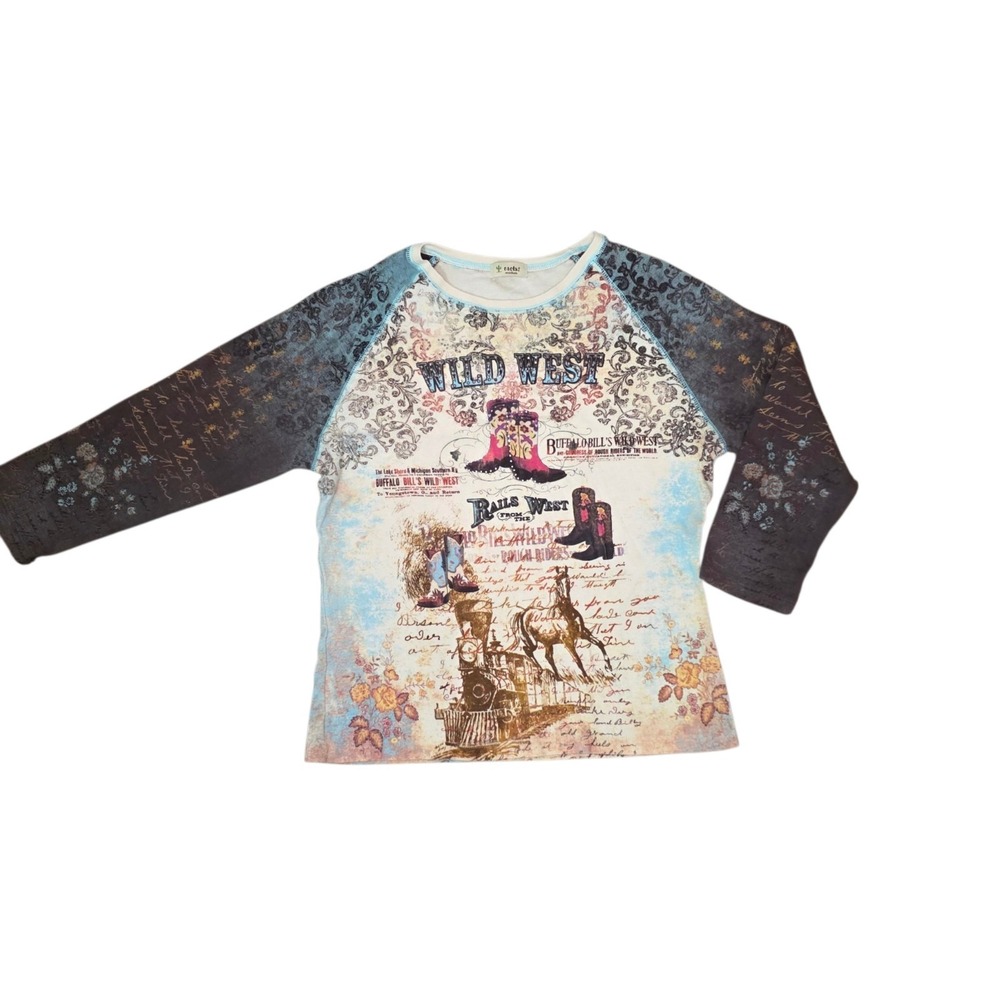 Cactus Womens M Y2K Western Cowgirl Graphic Raglan Tee Fairy Grunge Rodeo